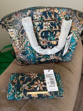 Brahmin Teal Floral Embossed Leather Tote with Matching Wallet